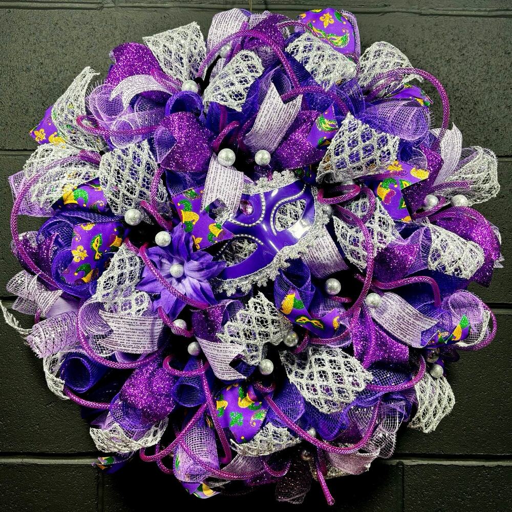 Large Handmade Mardi Gras Front Door Wreath Purple Silver Deco Mesh 22 Inch